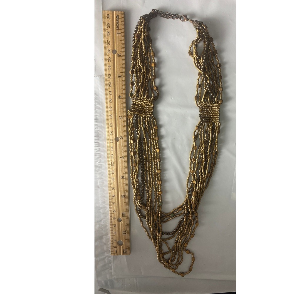 Bronze Multi Strand Seed Bead Statement Necklace Boho Tribal Gold Tone 22 Inch